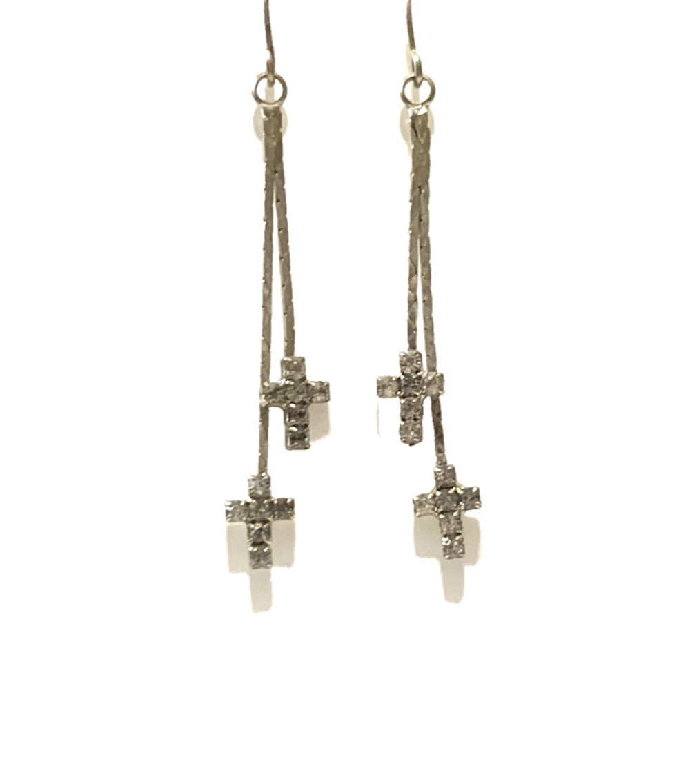Vintage Silver Tone Double Chain Rhinestone Cross Earrings Y2K Dangle Hooks